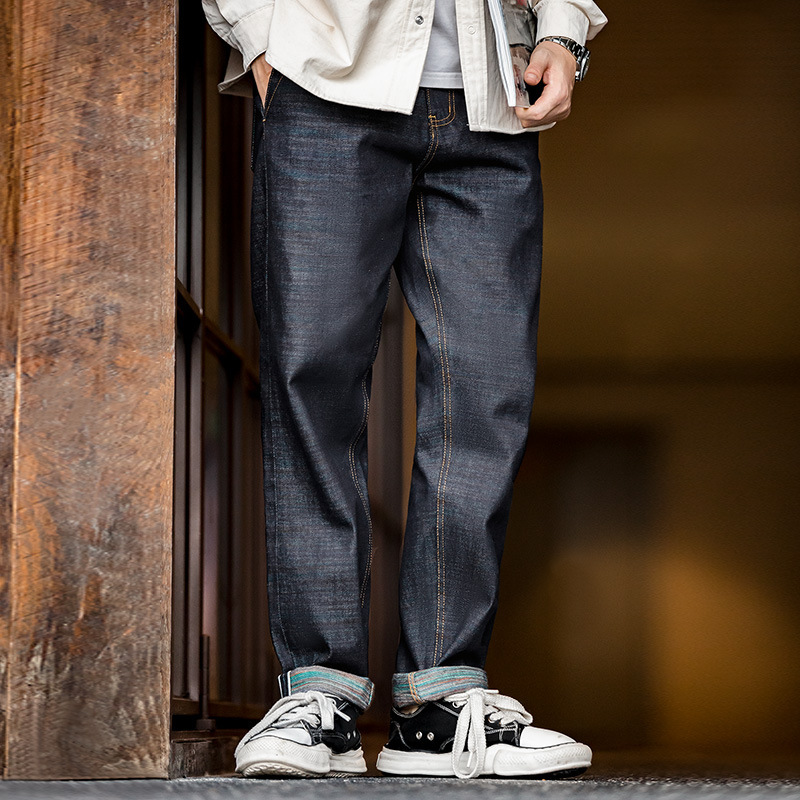 Maden Workwear American Retro Heavy Cotton Jeans with White Edges, Mid-Waist Straight-Leg Raw Denim Long Pants for Men, Spring Maden Workwear American Retro Heavy Cotton Jeans with White Edges, Mid-Waist Straight-Leg Raw Denim Long Pants for Men, Spring