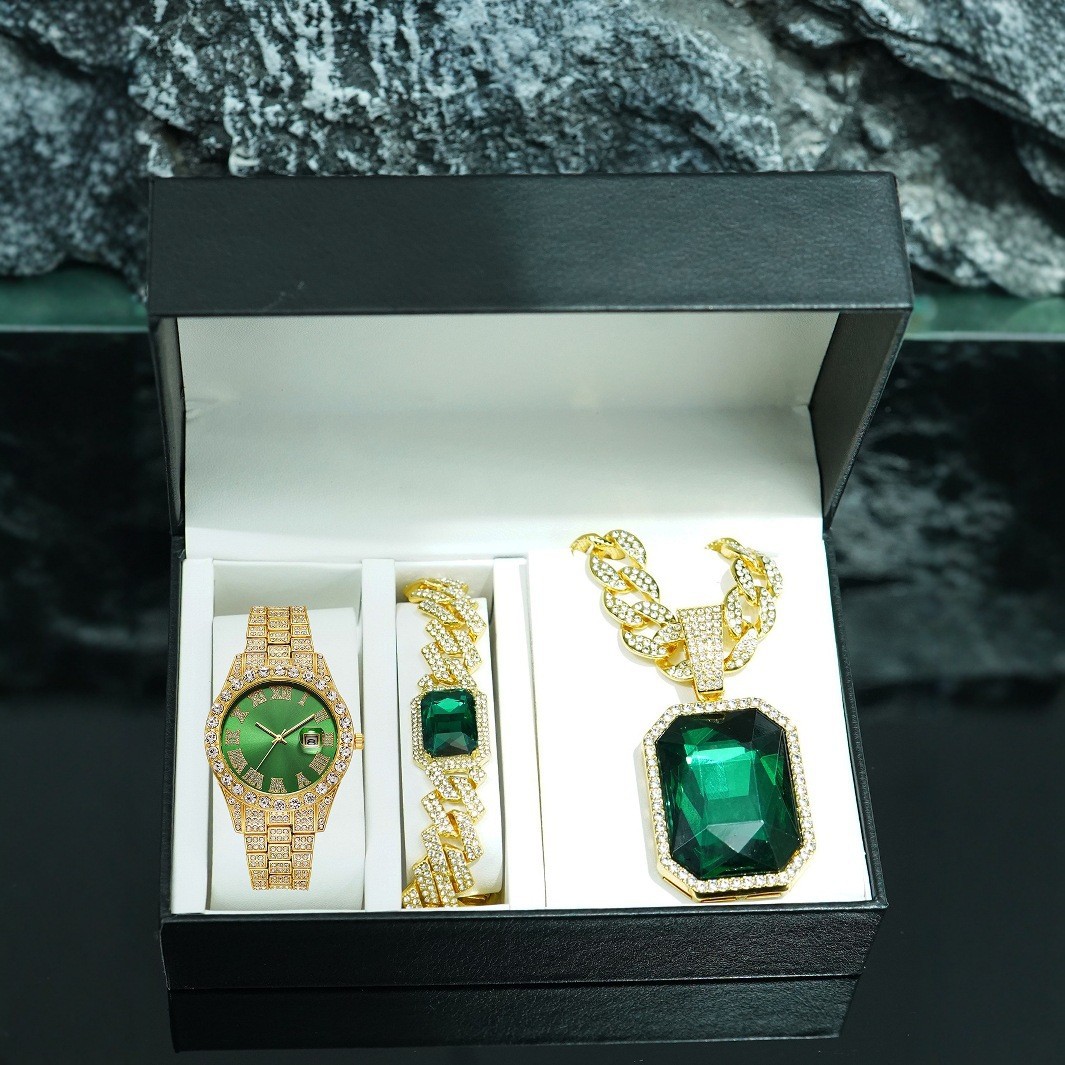 Ventas transfronterizas calientes colgante de aleación de esmeralda roja pulsera collar reloj 5 piezas conjunto de joyas de regalo de alto nivel para hombres