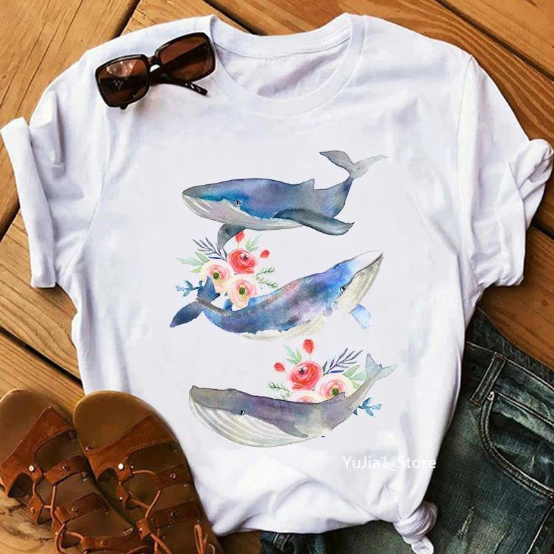 Whales Watercolor Flowers Roses Print Women'S T-Shirt White