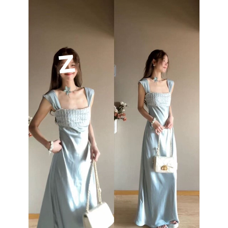 French-Style Gentle and Elegant Socialite Vibe, Heavy-Duty Rhinestone-Embellished Satin Dress, New Niche Luxury Slimming Waist-Cinching Long Dress French-Style Gentle and Elegant Socialite Vibe, Heavy-Duty Rhinestone-Embellished Satin Dress, New Niche Luxury Slimming Waist-Cinching Long Dress