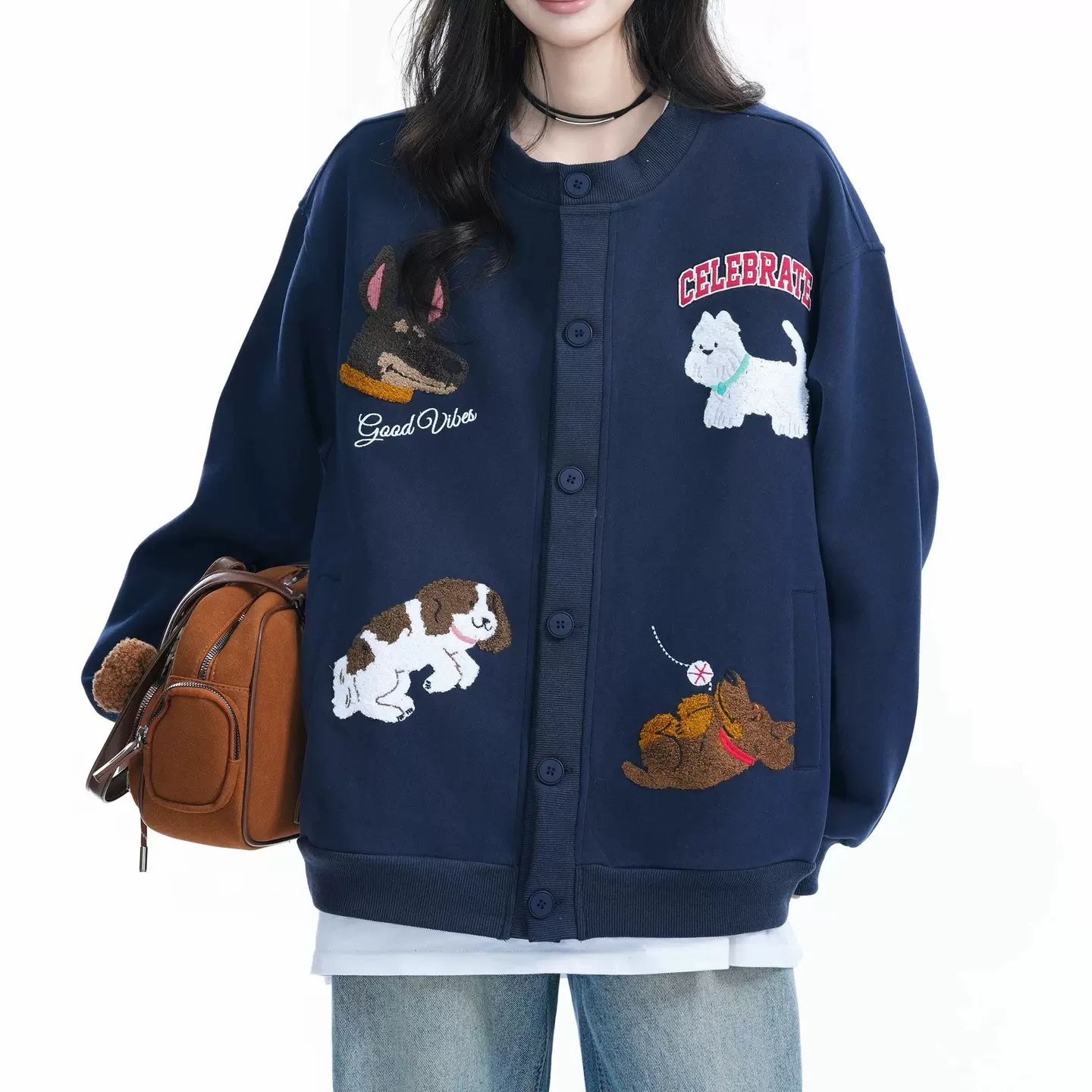 美式撞色趣味狗狗毛巾绣外套男春秋宽松休闲开衫藏青色棒球服卫衣