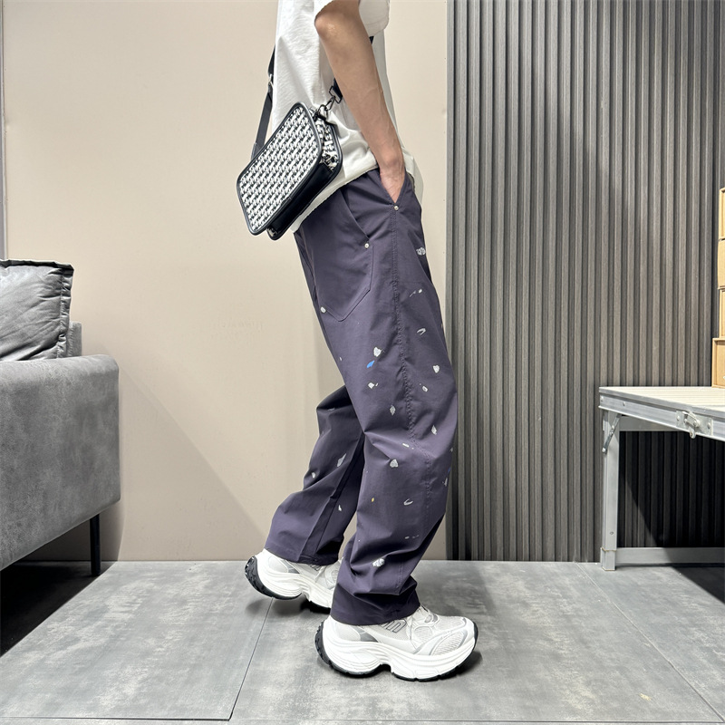 Pantalon décontracté à coupe étroite pour homme, coupe ample, coupe droite, coupe incurvée, sensation haut de gamme, effet vieilli, encre éclaboussée_voghion.com