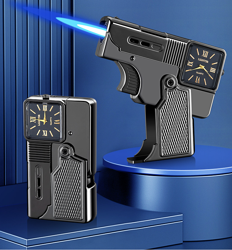 2502 Gun-style Lighter With Display, Foldable, Direct-flow, Windproof Blue Flame Lighter, Gift For Boyfriend,_voghion.com