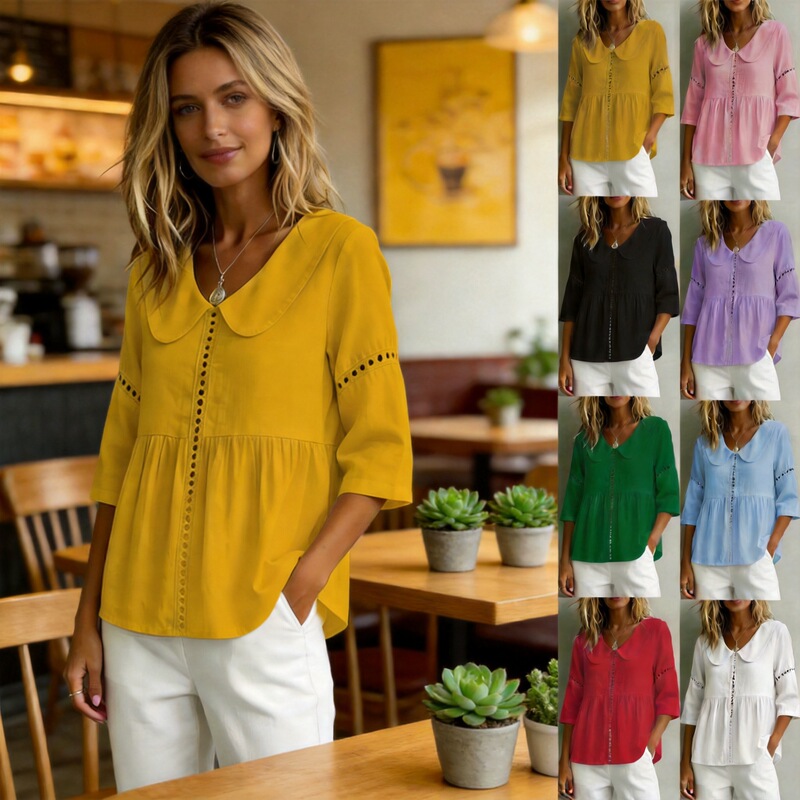2026 Summer New European and American Cross-Border Fashion Lace Patchwork Doll Collar Three-Quarter Sleeve Women's Blouse