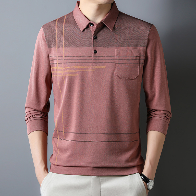 Otoño camisa de fondo superior delgada de manga larga para hombres jóvenes y de mediana edad solapa bolsillo real camiseta casual papá hombres