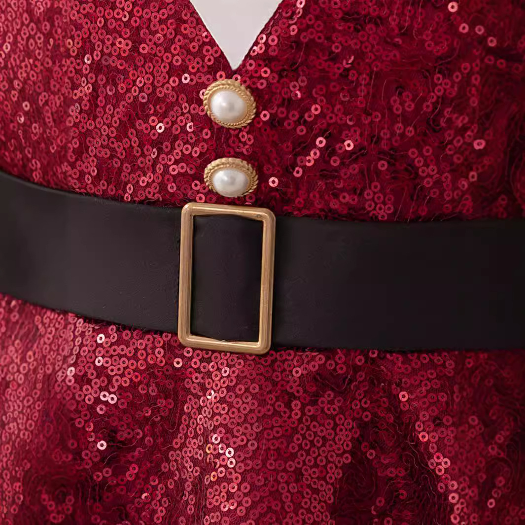 Vestido de Navidad para niños, vestido de princesa, mangas abullonadas con lentejuelas, vestido de fiesta de moda con lazo rojo, vestido de princesa
