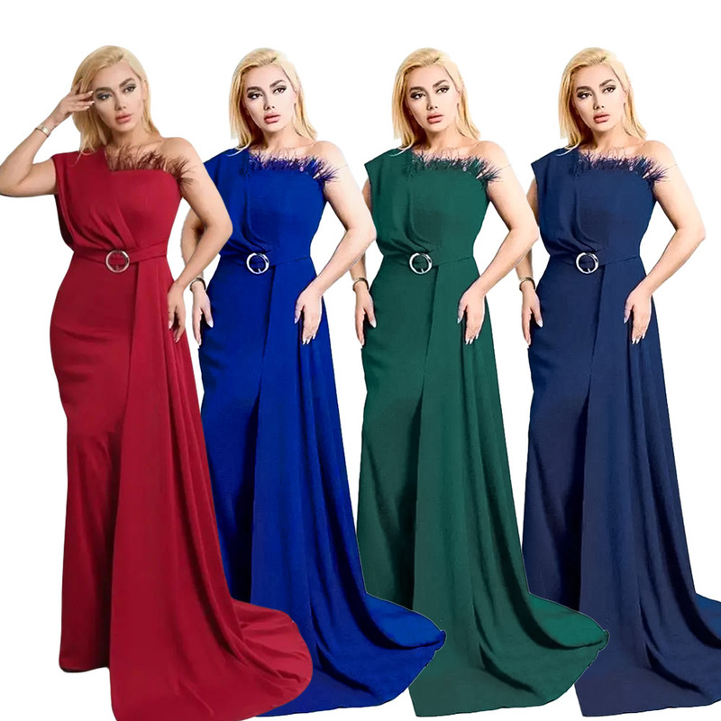 European and American African plus size women's clothing AliExpress off-neck feather long dress banquet bridesmaid wedding evening dress dress