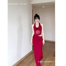 夏季御姐网纱镂空挂脖露背红色复古连衣裙法式腰礼服包臀裙子长款
