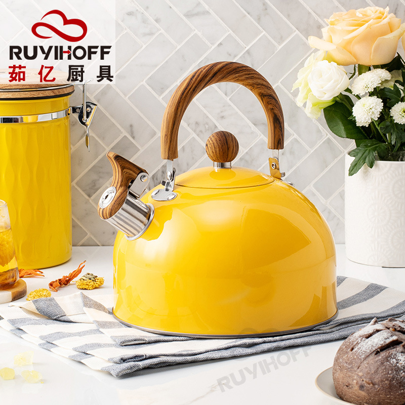 utensilios de cocina europeos y estadounidenses con fondo plano sonido tetera de agua 3L Amazon pintado amarillo flauta tetera de té y café