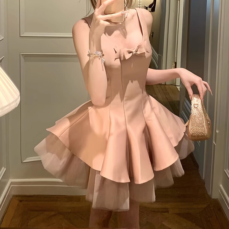 "Ballet Pink Swan" Sweet Princess Style Waist-Cinching Mesh Contrasting Color Tutu Skirt Dress