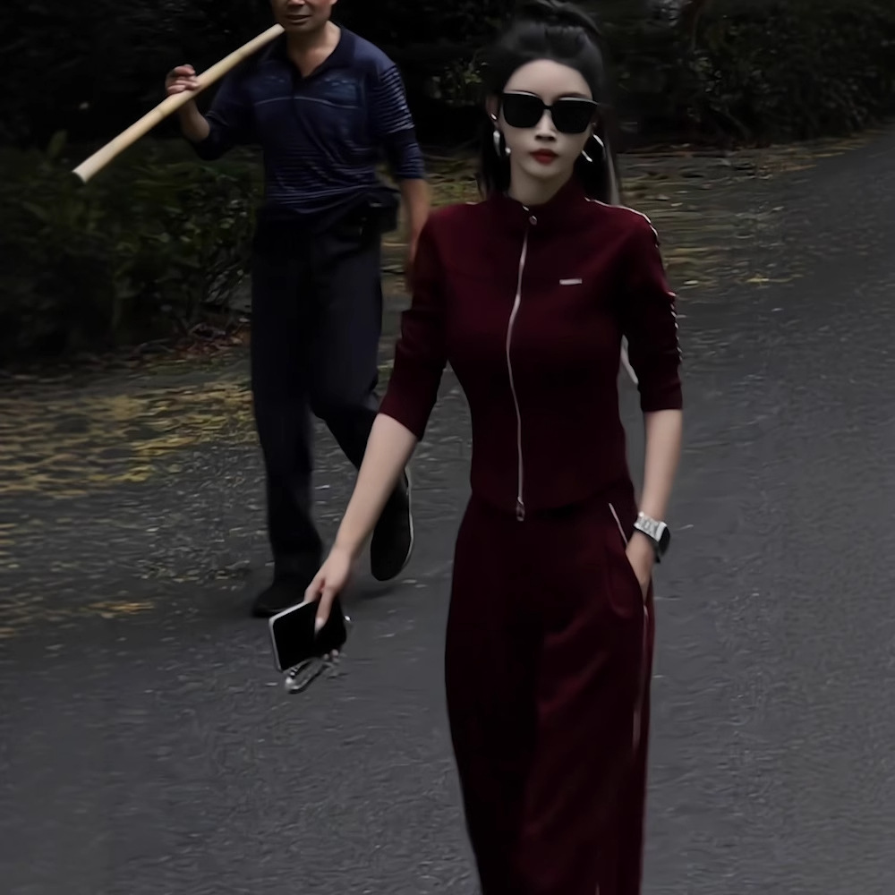 Fashion Sports Straight Casual Pants Autumn and Winter suit New Zipper Cardigan Red Simple Sweater Two-piece Women's Clothing