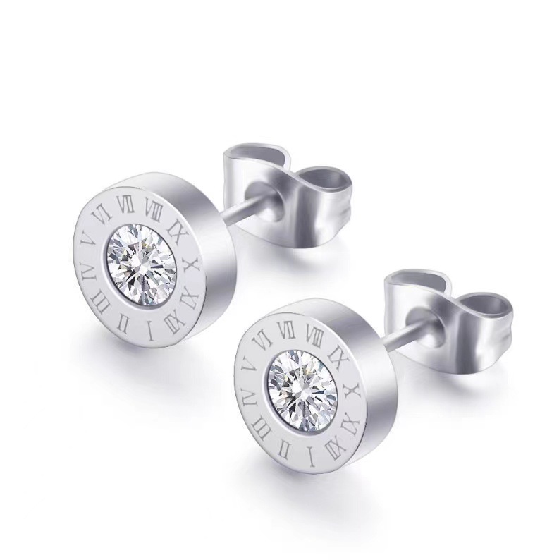 Stainless Steel Roman Numerals Zircon Earrings Korean Style Titanium Steel Letter Earrings Women's 18K Rose Gold Simple Earrings