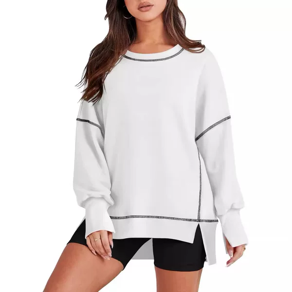 2024 Amazon Women's Casual Round Neck Sweatshirt Long Sleeve Oversized Contrast Color Patchwork Autumn Pullover Top Lazy