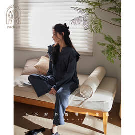 妮狄娅睡衣女秋季新款纯棉长袖复古格子开衫可外穿春秋家居服套装