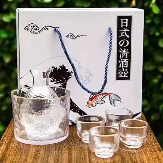 Juego de vino de sake con patrón de martillo japonés, vino de arroz de vidrio para el hogar, vino tibio, copa de sake, jarra de vino caliente, taza de vino pequeña al por mayor