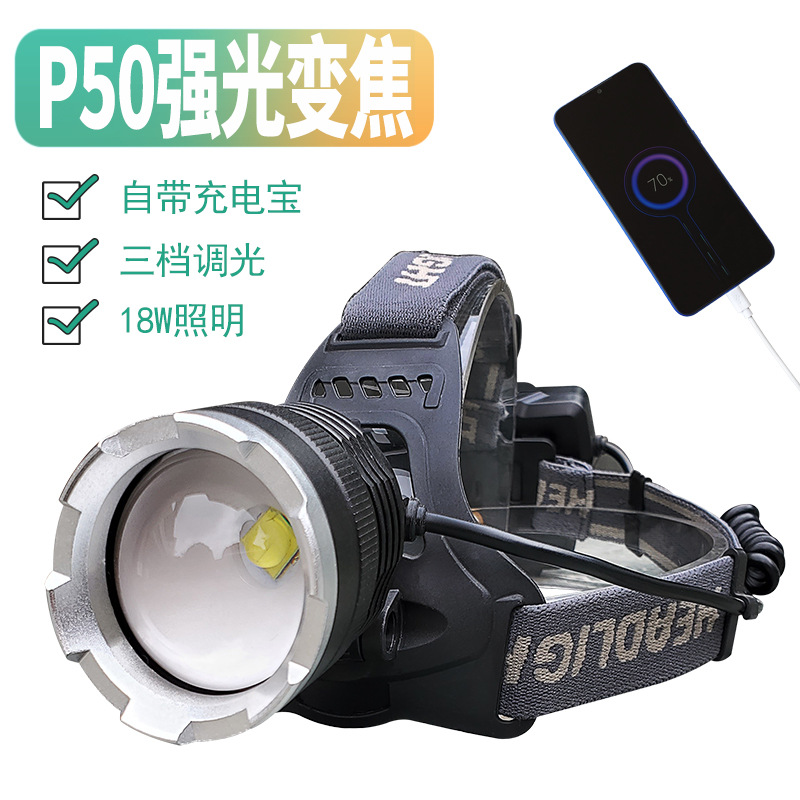 Faros transfronterizos P50 de aleación de aluminio led iluminación para exteriores iluminación para la cabeza luz fuerte carga USB luz de pesca nocturna reflector