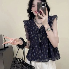 9585 韓国風生地花柄スモールカラートップ Tシャツスリムプリントサマーブループルオーバースタイル