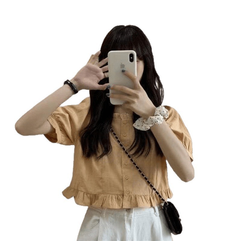 フレンチスクエアカラードールシャツレディース半袖軽くて大人な夏ニッチデザインBMショートパフスリーブトップ小柄な人向け|undefined