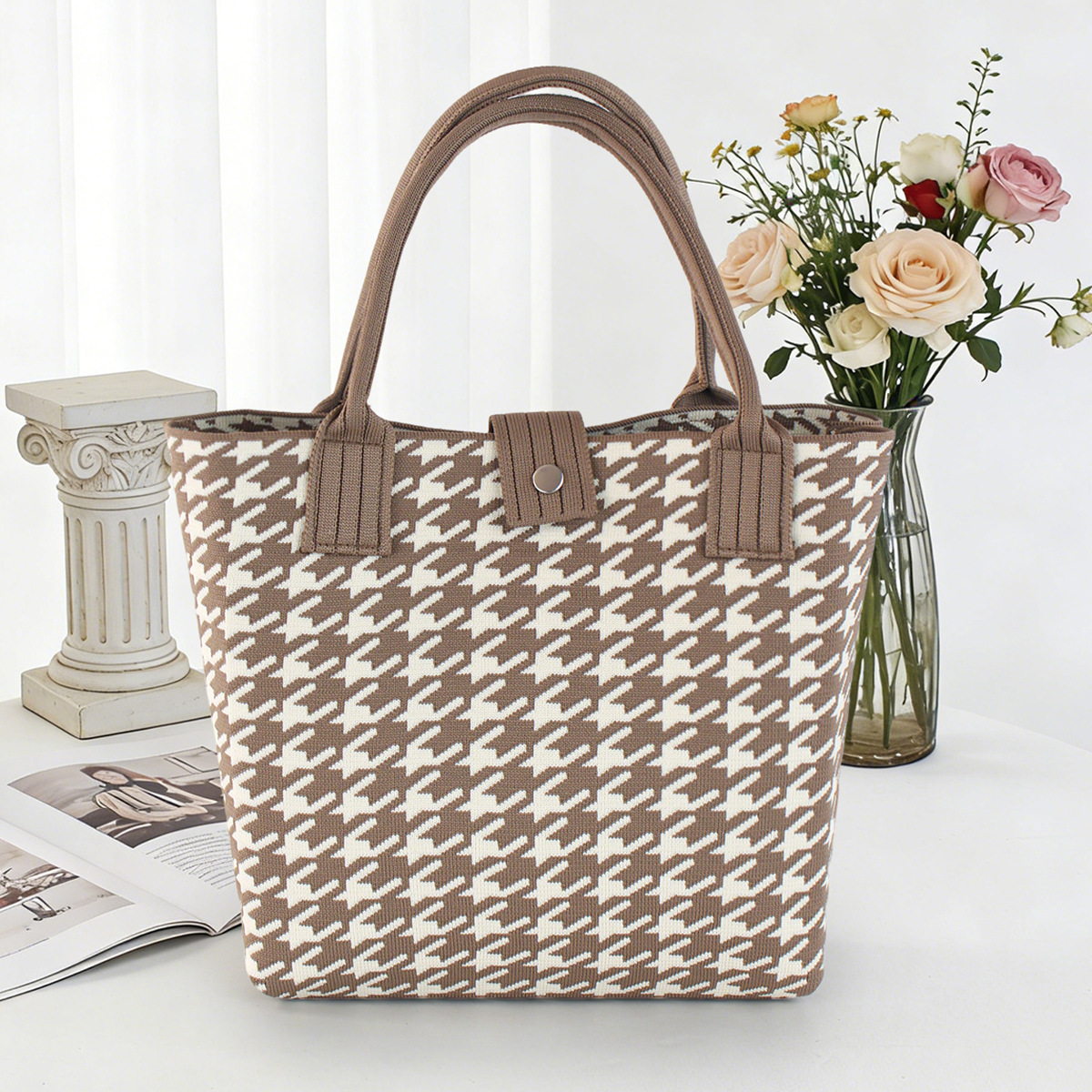 Bolso de tejido coreano de gran capacidad de transporte de moda de mil pájaros bolsos de mano casuales versátiles bolsos de bento image 13