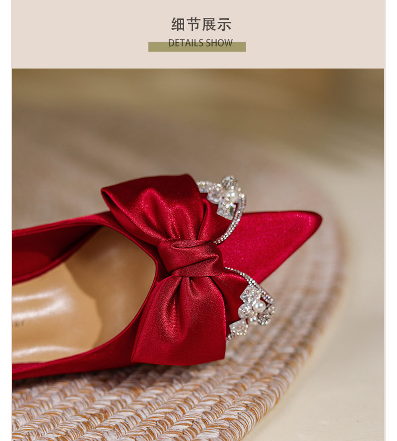 Giày cao gót nữ mũi nhọn gót nhọn da cừu đính pha lê nơ, giày cưới cô dâu — Màu mơ, Màu đỏ anh đào chi tiết 19