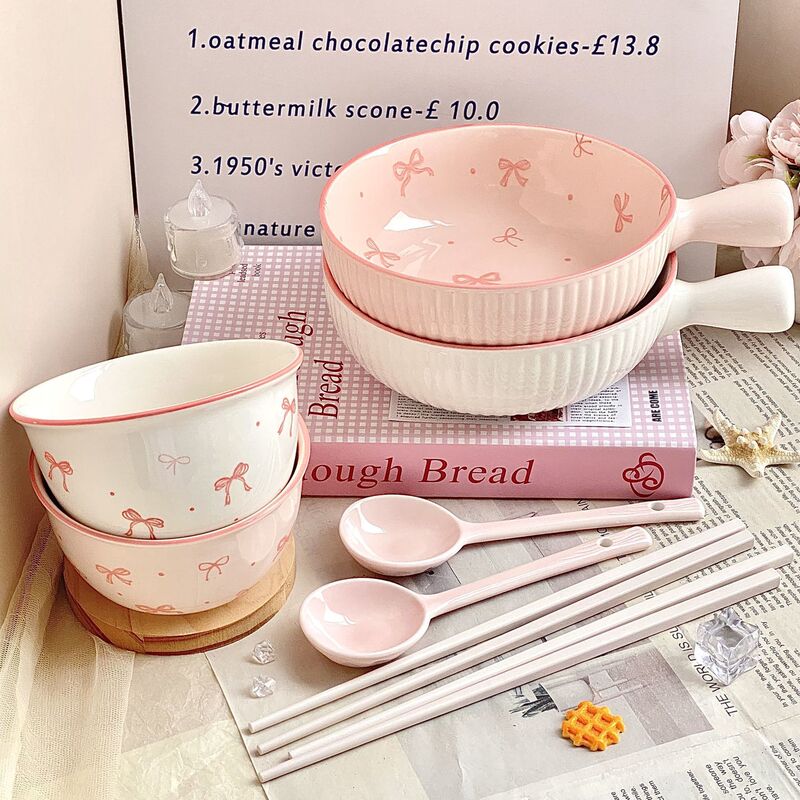 Cute Bow Ceramic Handle Bowl Underglaze Color Rice Bowl Soup Bowl Set High-Looking Girl's Household Tableware