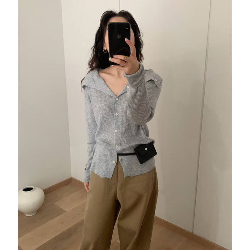 气质通勤穿搭细羊毛简约高级感翻领薄款针织衫女秋季新款修身打底|undefined