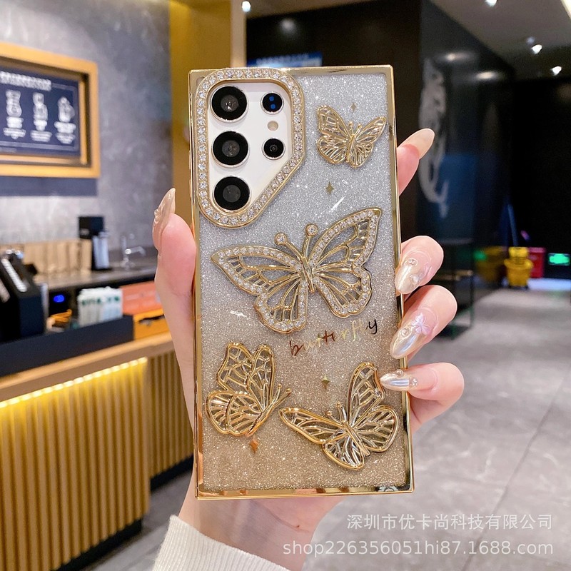 フラッシュダイヤモンド立体蝶サムスン S25UItra 電気メッキ携帯電話ケース S24 グラデーショングリッター A26 オールインクルーシブシース|undefined
