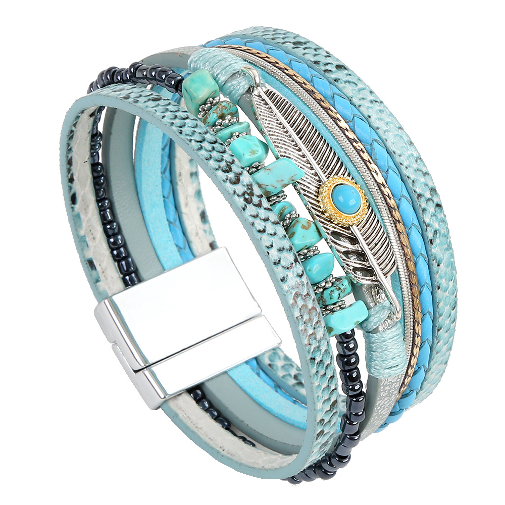 Leather Beaded Bracelet With Boho Feather And Turquoise Charm_voghion.com