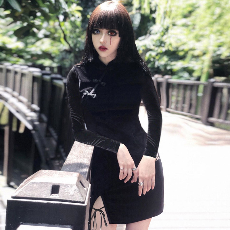 Gothic Style Suede Improved Cheongsam Slit Dress NSGYB99726