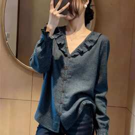 一件代发直播格子荷叶边衬衫女2026春季新款显瘦长袖衬衣上衣