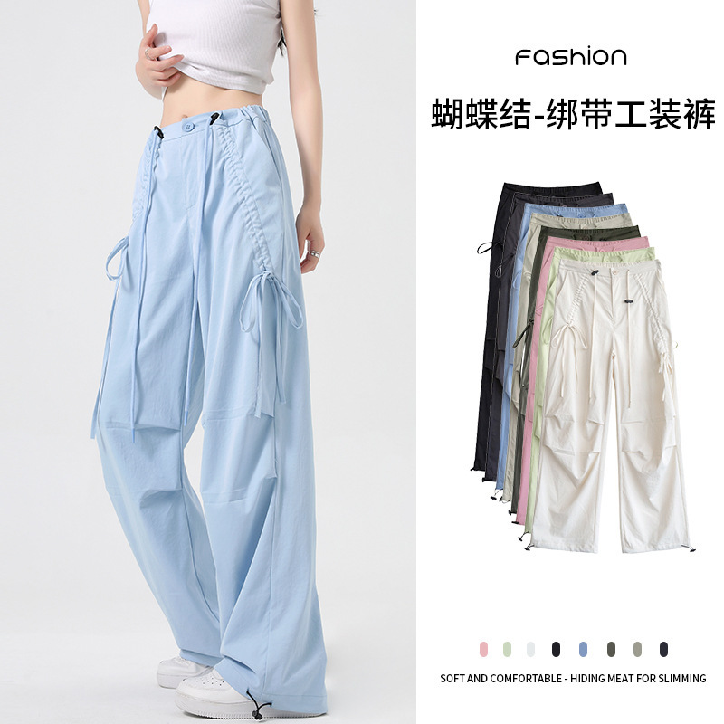 Lace-Up Design Cargo Pants for Women, Summer and Autumn Narrow Wide-Leg Casual Pants, High-Waisted Drawstring Sports Paratrooper Pants for Women