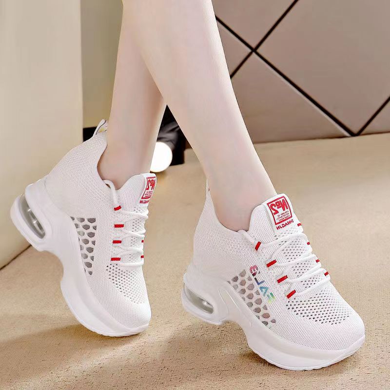 Inner Height Increasing Women's Shoes Summer Cut Out 2023 New Versatile Thin Mesh Shoes Women's Breathable Mesh Sports White Shoes