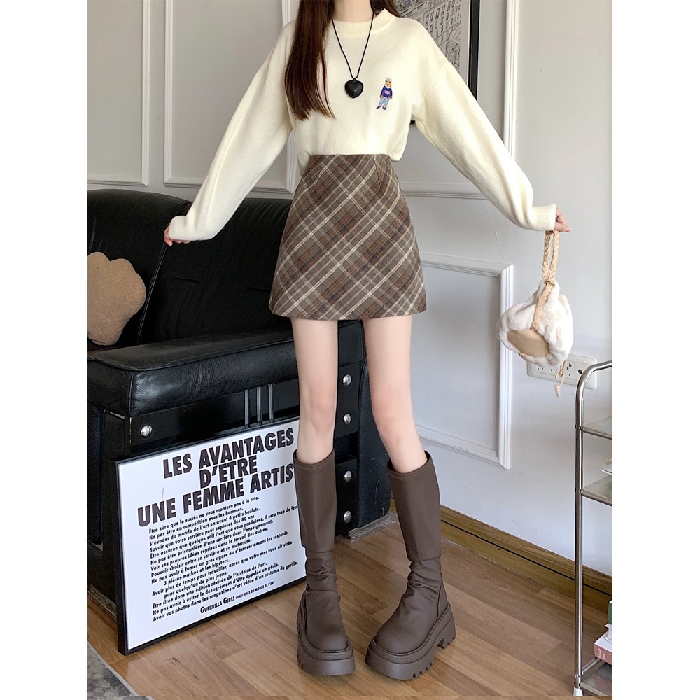 大码微胖MM毛呢半身裙春秋复古长裙女梨形身材高腰A字格子包臀裙