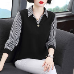 洋气洋气2025年小衫有领秋装女妈妈衬衫打底衫长袖上衣拼接中老年