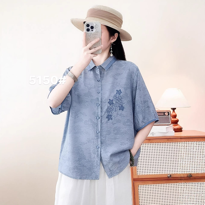 Tencel Cotton Embroidered Shirt 2026 Summer New Style Artistic Print Half-Sleeve Top Thin Slim-Fit Shirt