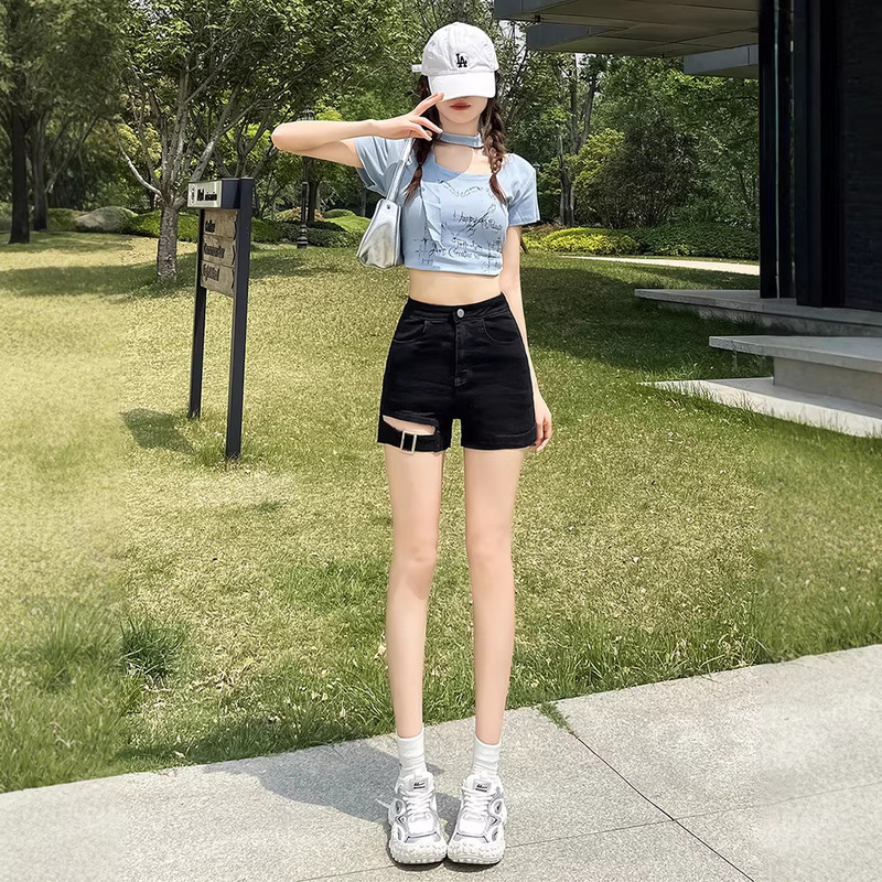Black High-Waisted Biker Denim Shorts for Women, Summer 2026, Trendy Hot Girl Style, Stretchy A-Line Tight American-Style Hot Pants
