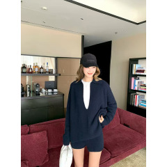 时尚休闲套装女松弛感简约针织衫上衣搭松紧腰显瘦阔腿短裤两件套