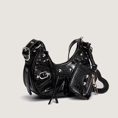 2024 New Motorcycle Bag with Rivets Fringe Pouch Crease Bag Punk Style Underarm Bag Fashion High-end Sense Single-shoulder Women's Bag