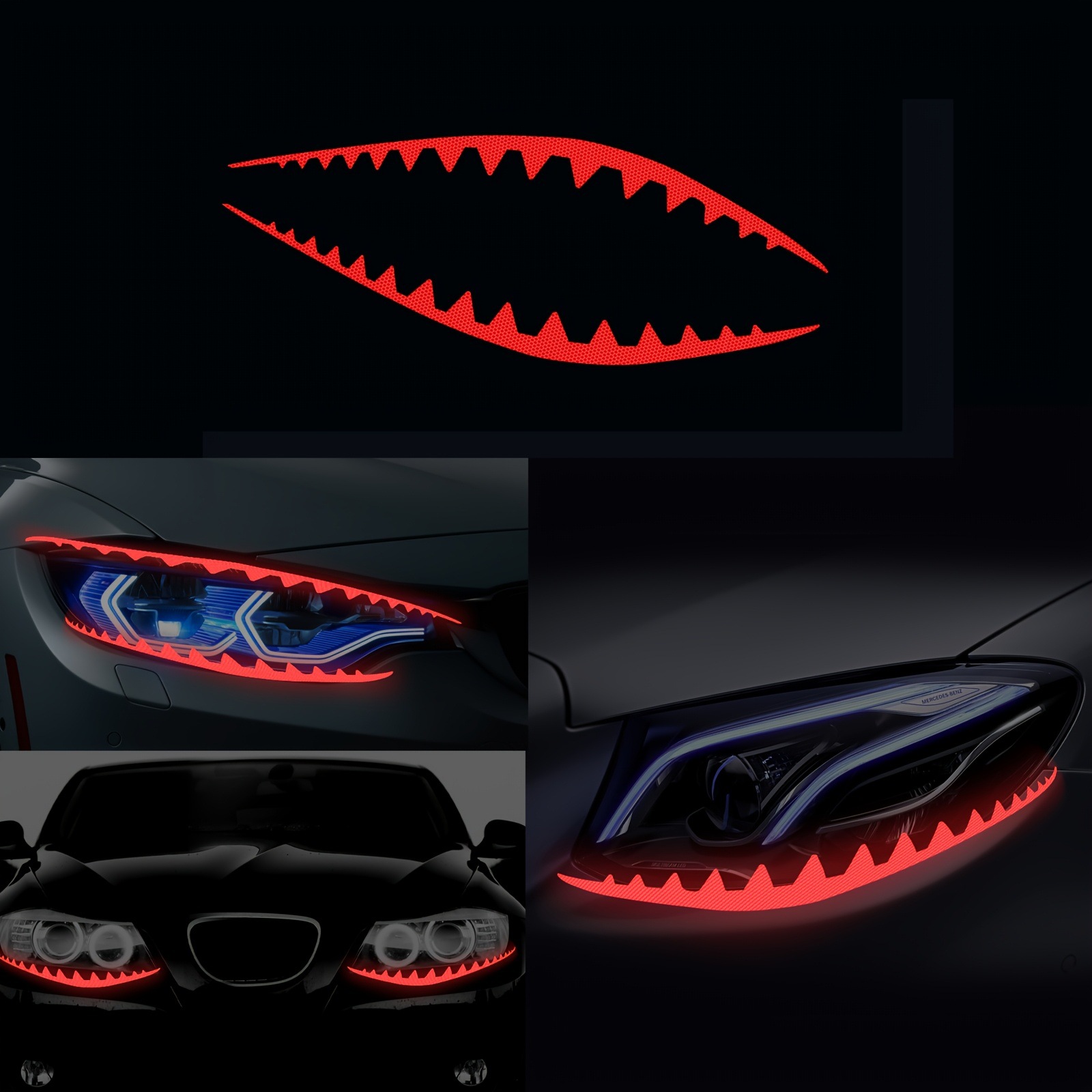 跨境TEMU亚马逊专供2 件装鲨鱼眼线笔汽车头灯贴花反光乙烯基贴纸