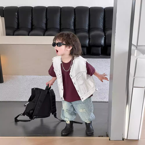 Children's vest 2024 spring new boy's plain stitch edge vest for middle children versatile solid color baby vest