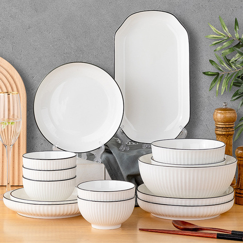 Ceramic tableware set with Yamada vertical pattern, popular household bowl and plate set, DIY tableware, freely combinable bowl and chopsticks, wholesale