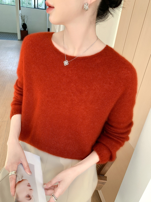 宽松廓形圆领羊绒衫女秋冬新款山羊绒+桑蚕丝无缝一线丝羊绒毛衣|undefined