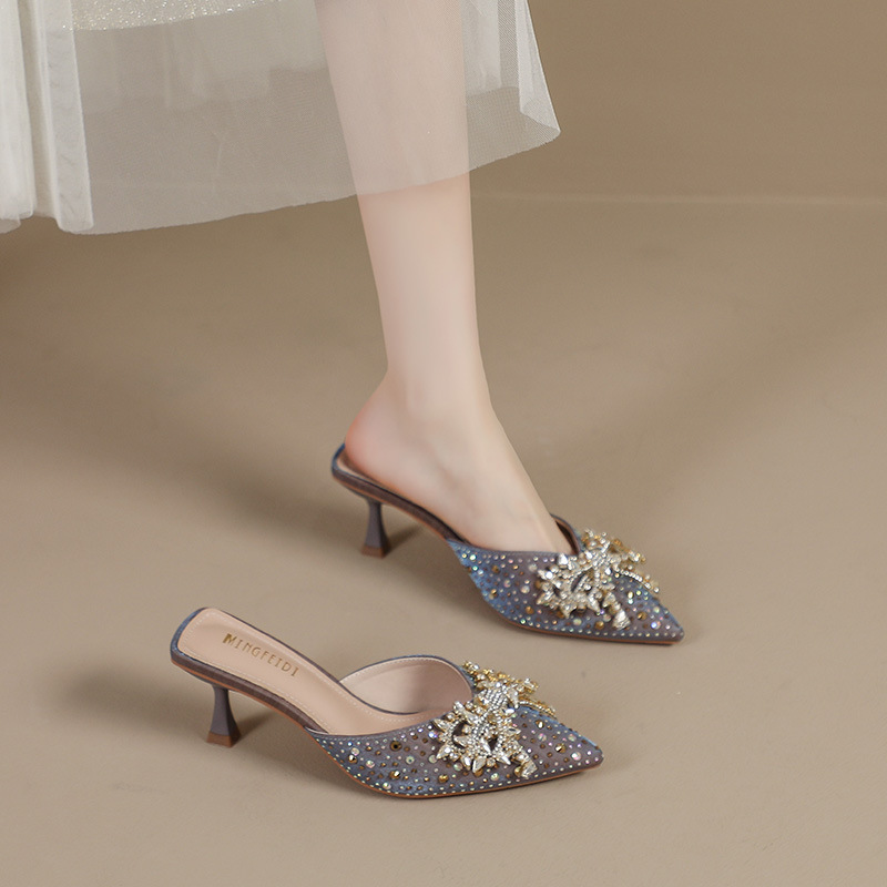 Rhinestone Bow High Heel Slippers Women's Summer Fashion Pointed Toe Thin Heel Slippers French Socialite Half Slippers Women's Shoes