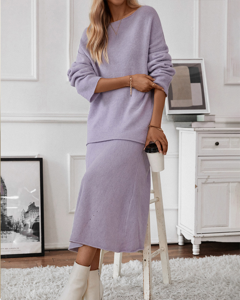 2024 autumn and winter New European and American style elegant knitted suit women's off-shoulder sweater top elastic waist fishtail skirt_voghion.com