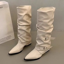 复古粗跟裤筒靴尖头靴子长靴女2025新款秋冬黑色堆堆靴长筒骑士靴