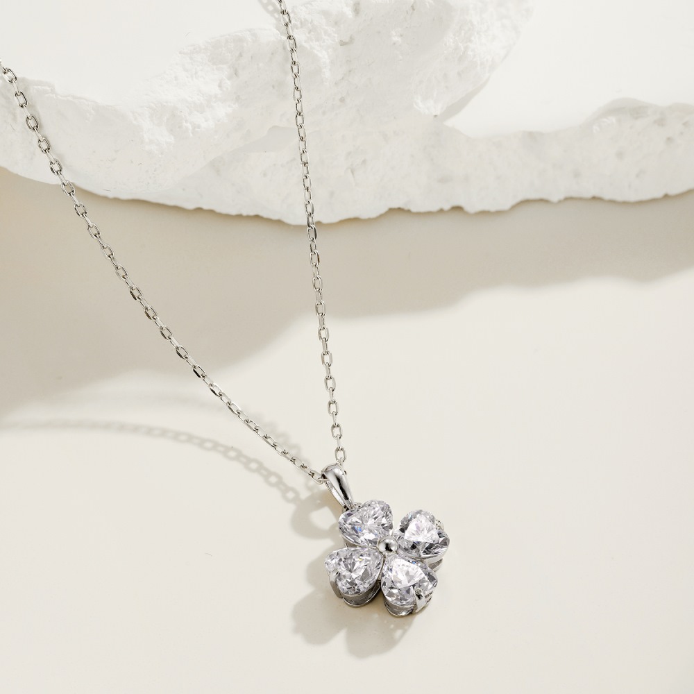 Flower Pattern 925 Sterling Silver Rhinestones Inlay Flower Pendant Necklace