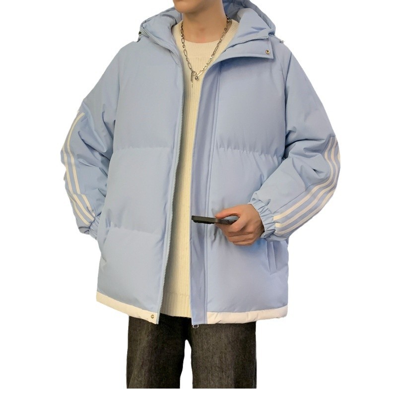 Clásico de tres barras encapuchado chaqueta de algodón de plumón hombre invierno grueso chaqueta de algodón caliente chaqueta con capuchón a rayas hombre tamaño grande