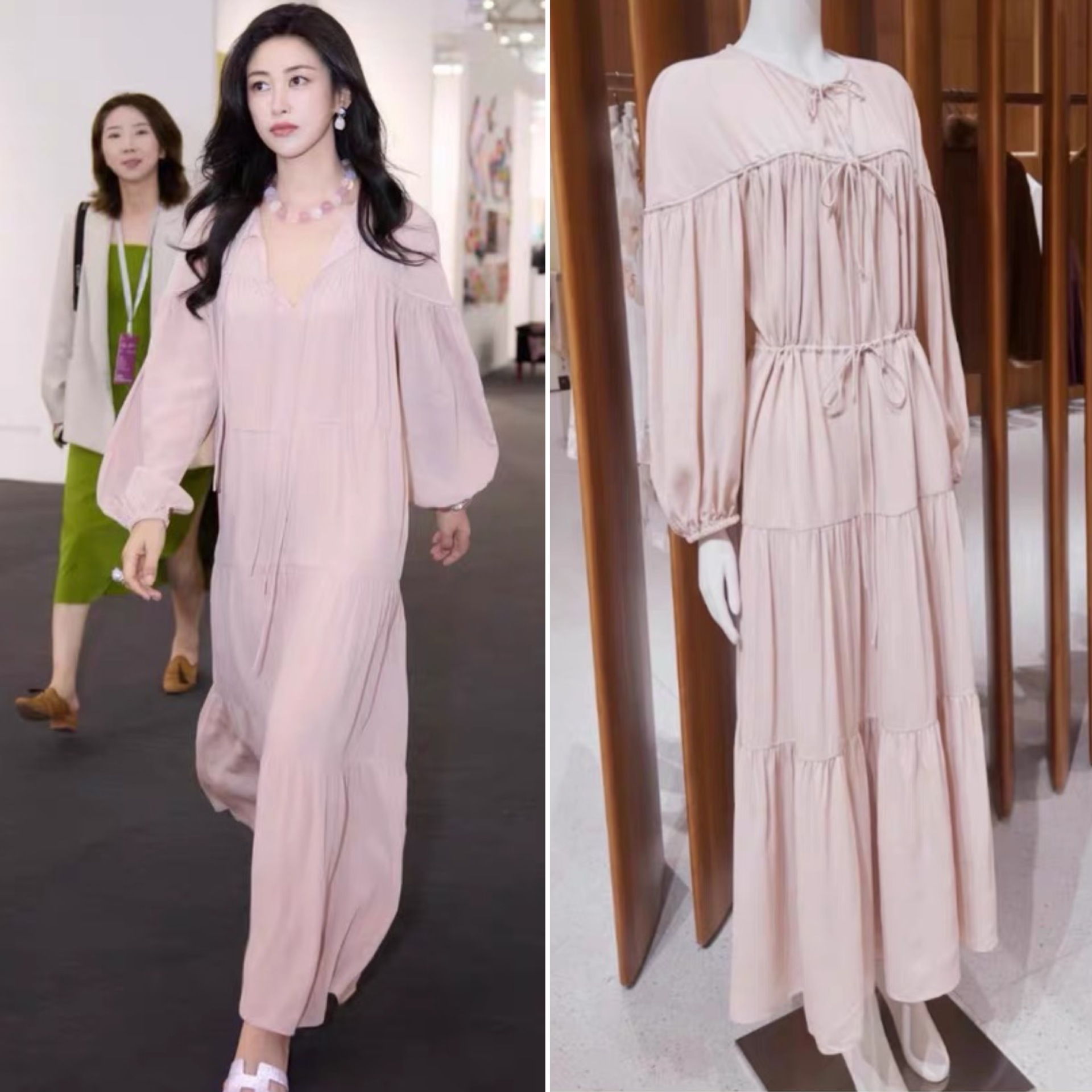 【现货】朱珠同款粉色长袖连衣裙女夏季新款宽松度假长裙子潮清新