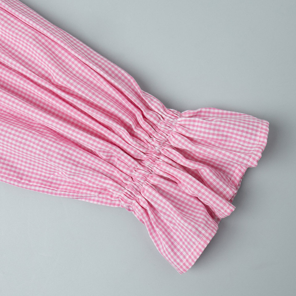 Bộ đôi áo sơ mi tay dài bèo nhún và quần dài kẻ caro cotton — hồng chi tiết 9