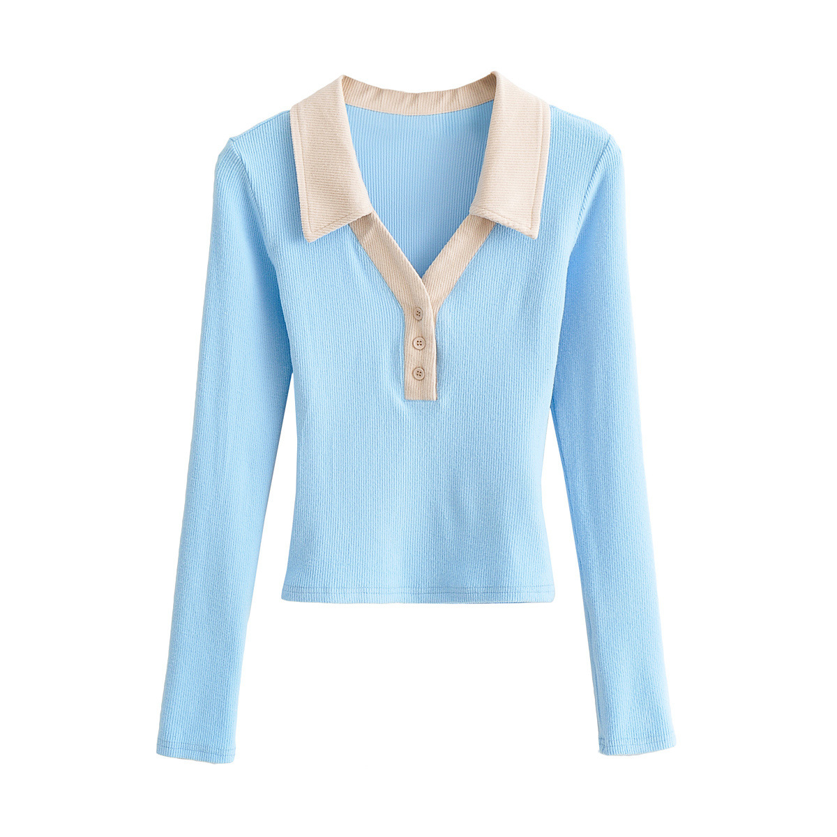 Long Sleeve Slim Polo Collar Stitching Contrast Color Top NSHS115806